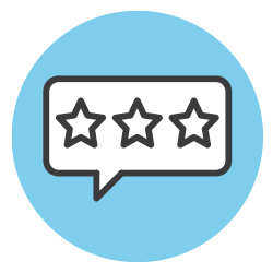 3 star review in square like speech bubble in light blue circle