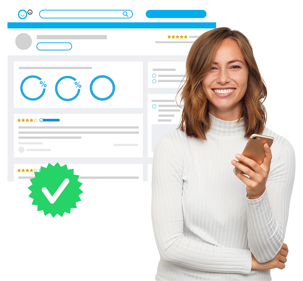 smiling woman with mobile standing in front of judgeservice's reviews page template